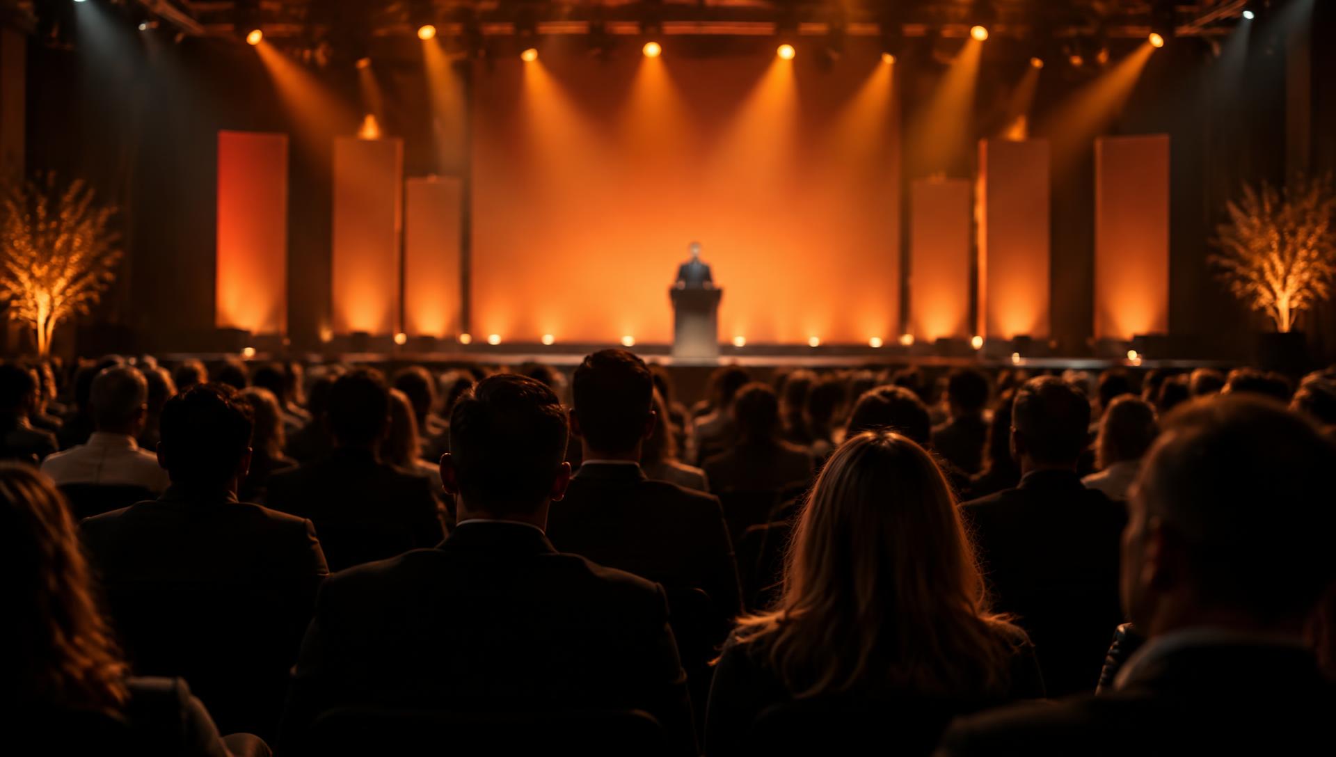 Auditório com plateia vista de costas, voltada para um palco iluminado em luz laranja.